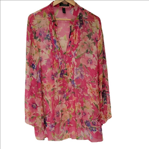 Lauren Ralph Lauren LRL Popover Vibrant Pink Floral Boho Sheer 100% Silk Blouse